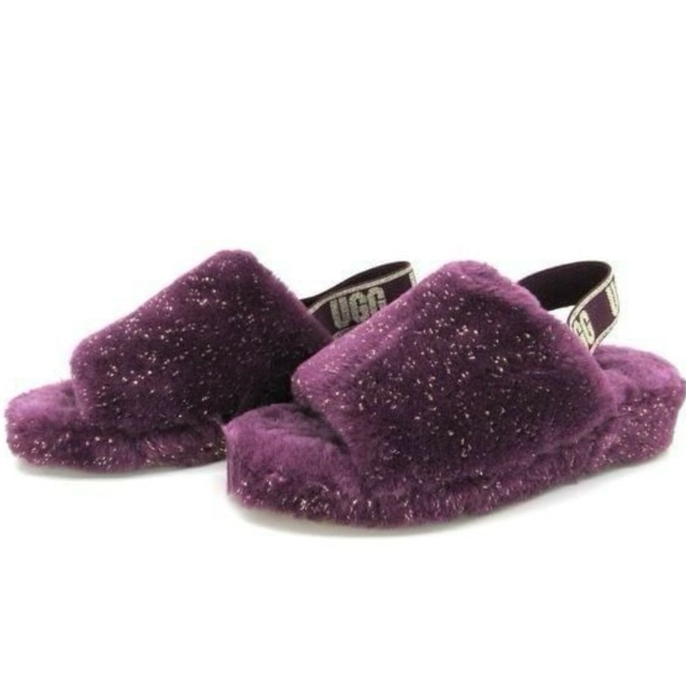 UGG Fluff Yeah Metallic Sparkle Slide Pinot Noir Purple Sheepskin Slippers Sz 11